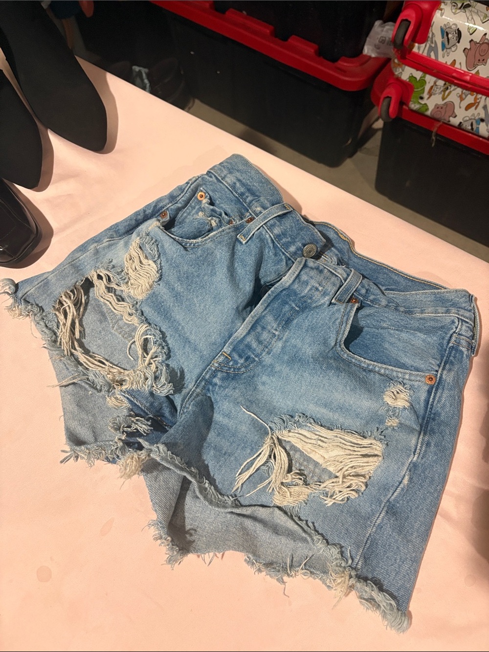 High-Rise Distressed Denim Shorts - Light Blue